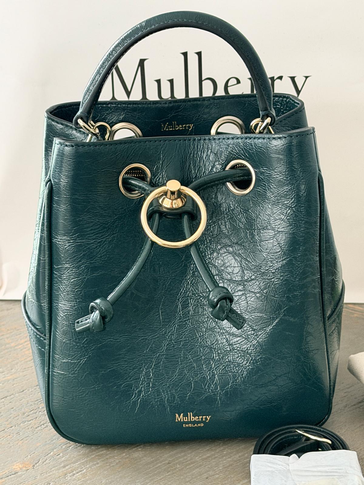Mulberry Hampstead Bucket Bag Dark Green Glossy Calfskin Leather Light Gold Hardware