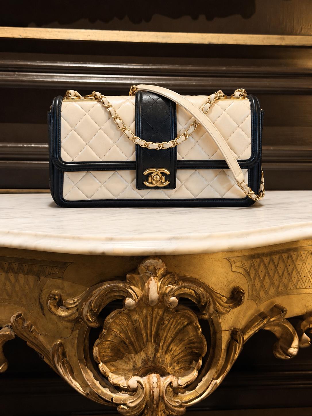 Chanel Bicolour Elegant Medium Bag Beige and Black Quilted Lambskin Gold Hardware