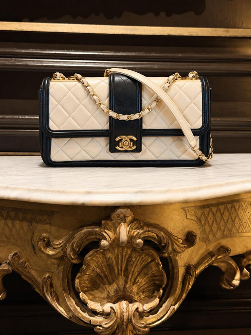 Chanel Bicolour Elegant Medium Bag Beige and Black Quilted Lambskin Gold Hardware