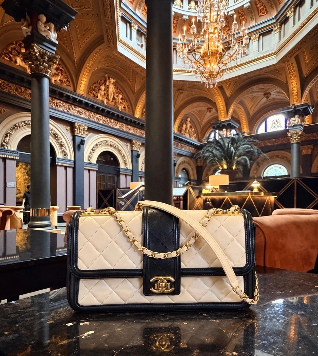Chanel Bicolour Elegant Medium Bag Beige and Black Quilted Lambskin Gold Hardware