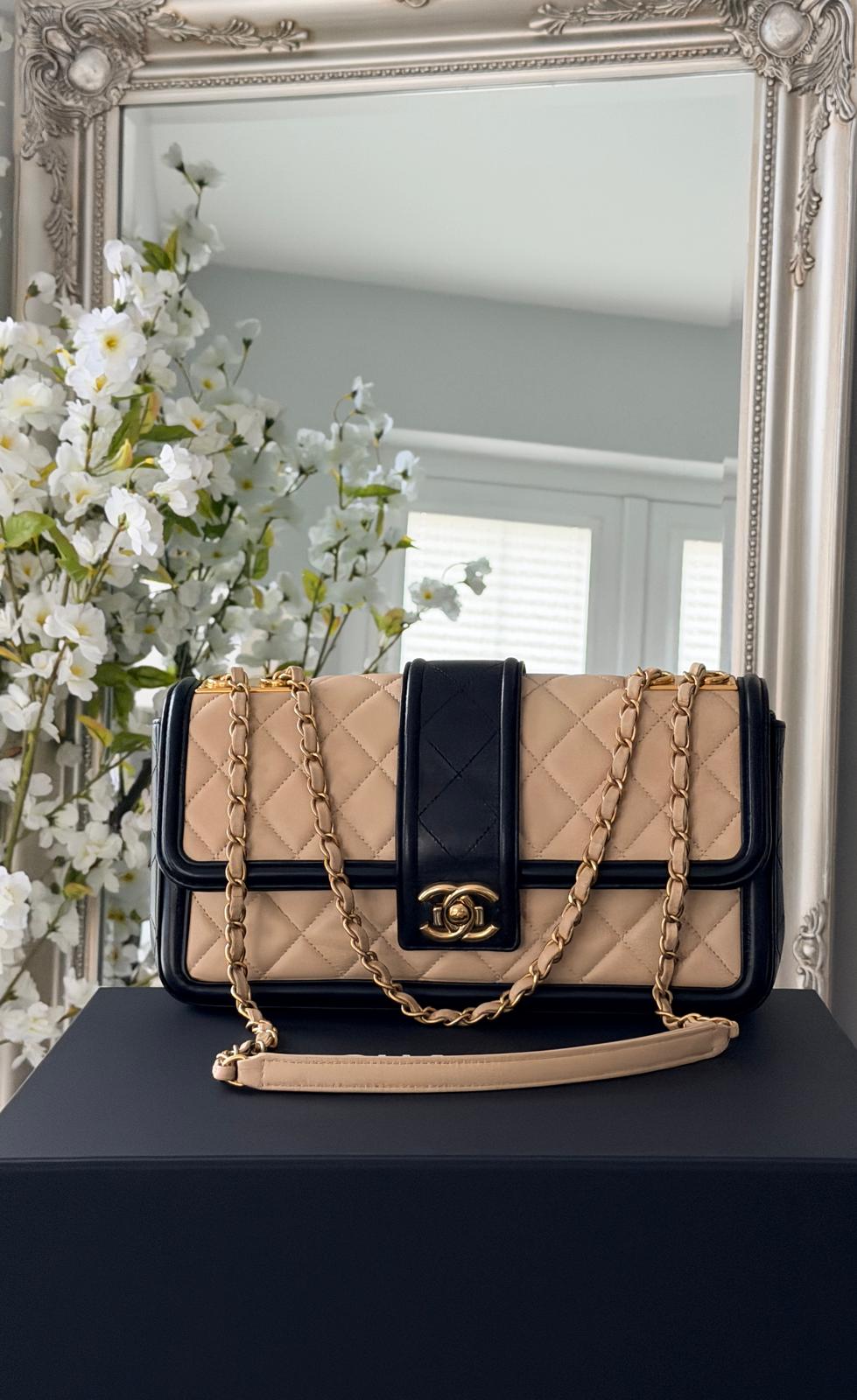 Chanel Bicolour Elegant Medium Bag Beige and Black Quilted Lambskin Gold Hardware