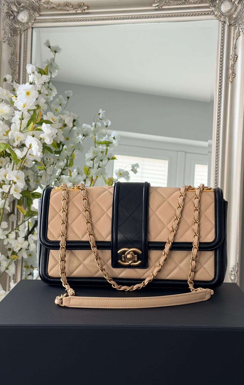 Chanel Bicolour Elegant Medium Bag Beige and Black Quilted Lambskin Gold Hardware