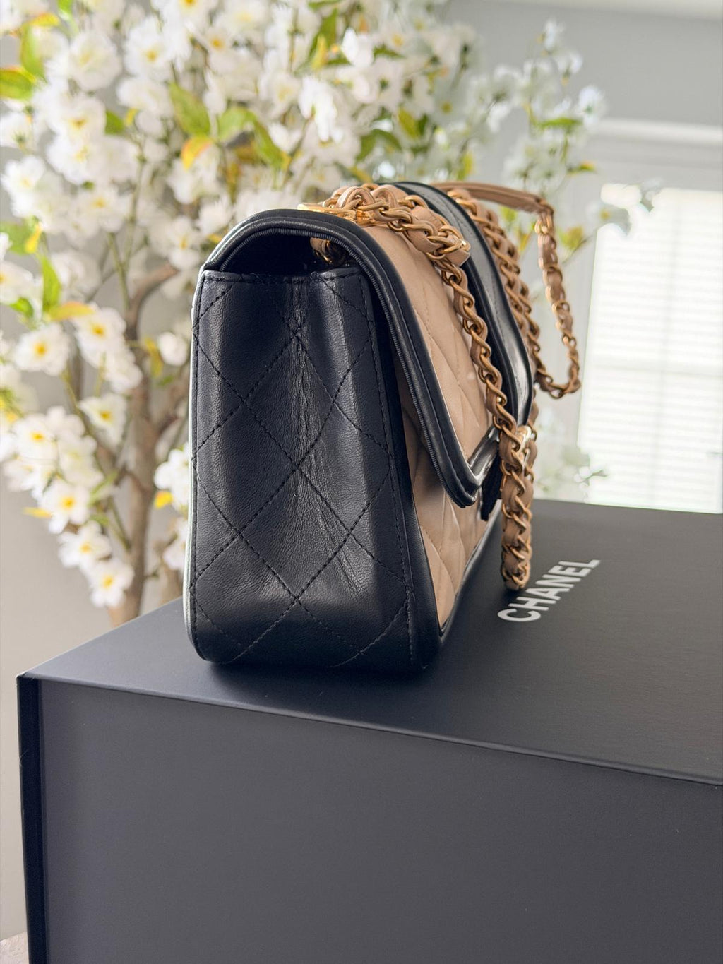 Chanel Bicolour Elegant Medium Bag Beige and Black Quilted Lambskin Gold Hardware