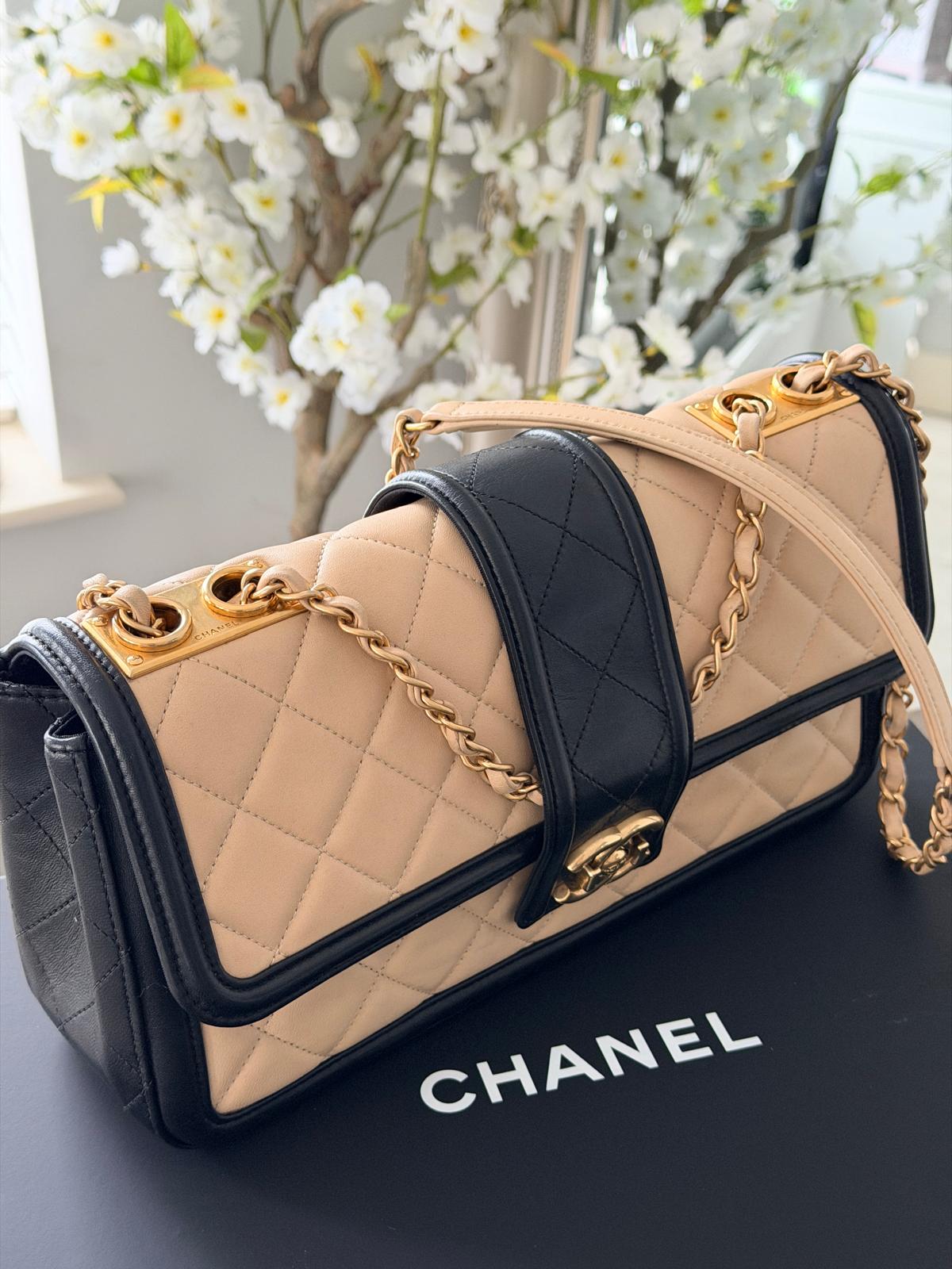 Chanel Bicolour Elegant Medium Bag Beige and Black Quilted Lambskin Gold Hardware