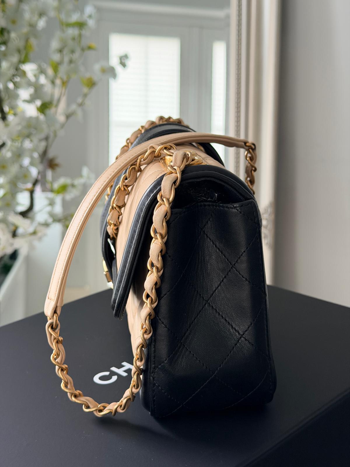 Chanel Bicolour Elegant Medium Bag Beige and Black Quilted Lambskin Gold Hardware