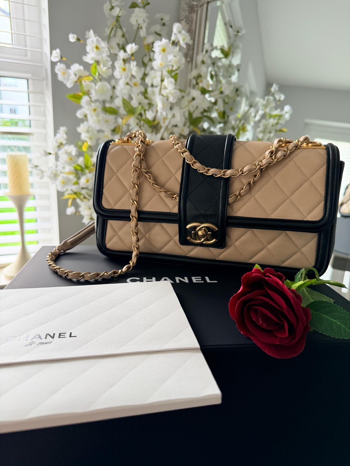 Chanel Bicolour Elegant Medium Bag Beige and Black Quilted Lambskin Gold Hardware