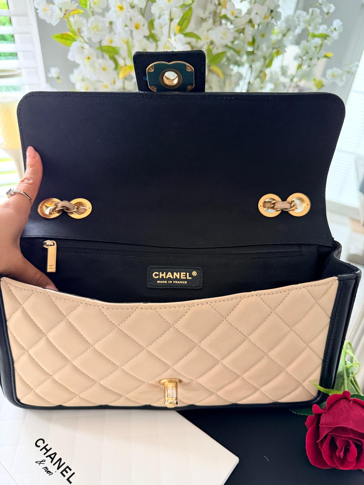 Chanel Bicolour Elegant Medium Bag Beige and Black Quilted Lambskin Gold Hardware