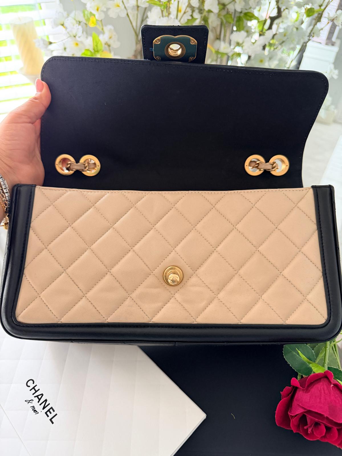 Chanel Bicolour Elegant Medium Bag Beige and Black Quilted Lambskin Gold Hardware