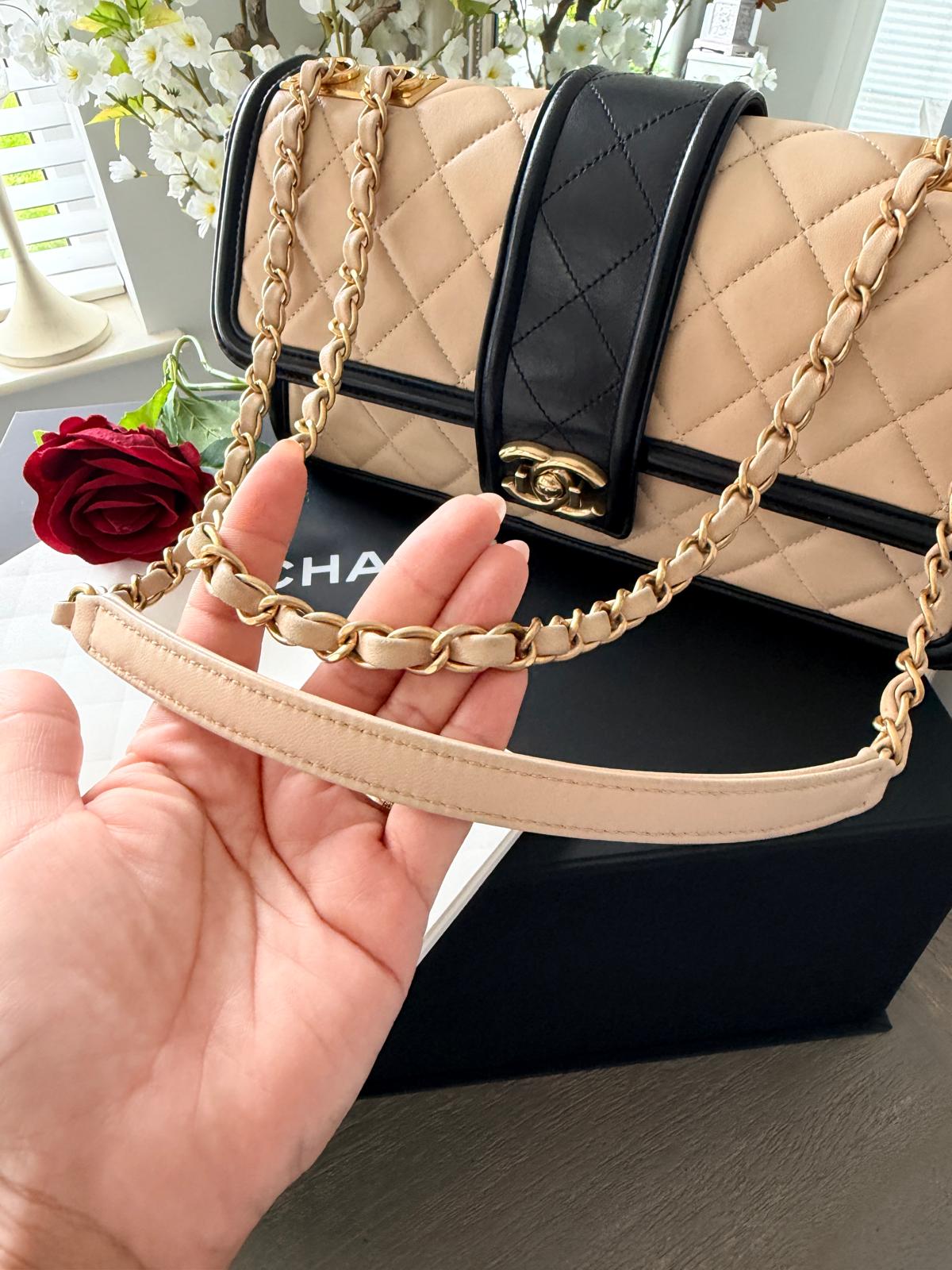 Chanel Bicolour Elegant Medium Bag Beige and Black Quilted Lambskin Gold Hardware