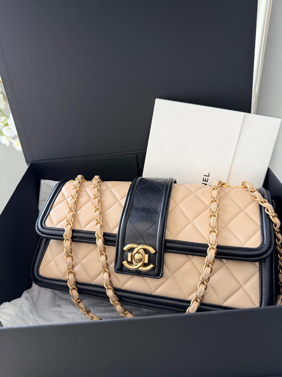 Chanel Bicolour Elegant Medium Bag Beige and Black Quilted Lambskin Gold Hardware