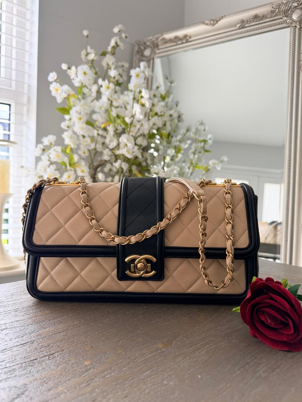 Chanel Bicolour Elegant Medium Bag Beige and Black Quilted Lambskin Gold Hardware