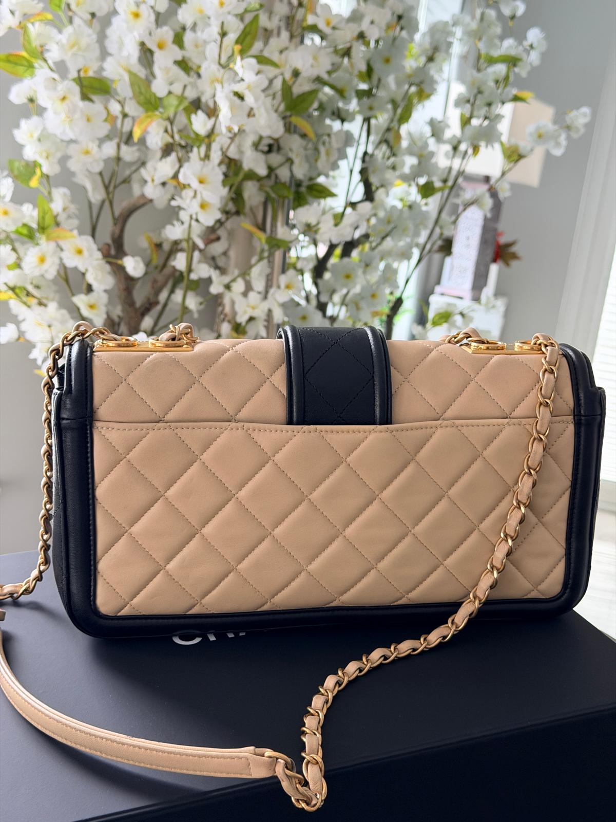Chanel Bicolour Elegant Medium Bag Beige and Black Quilted Lambskin Gold Hardware