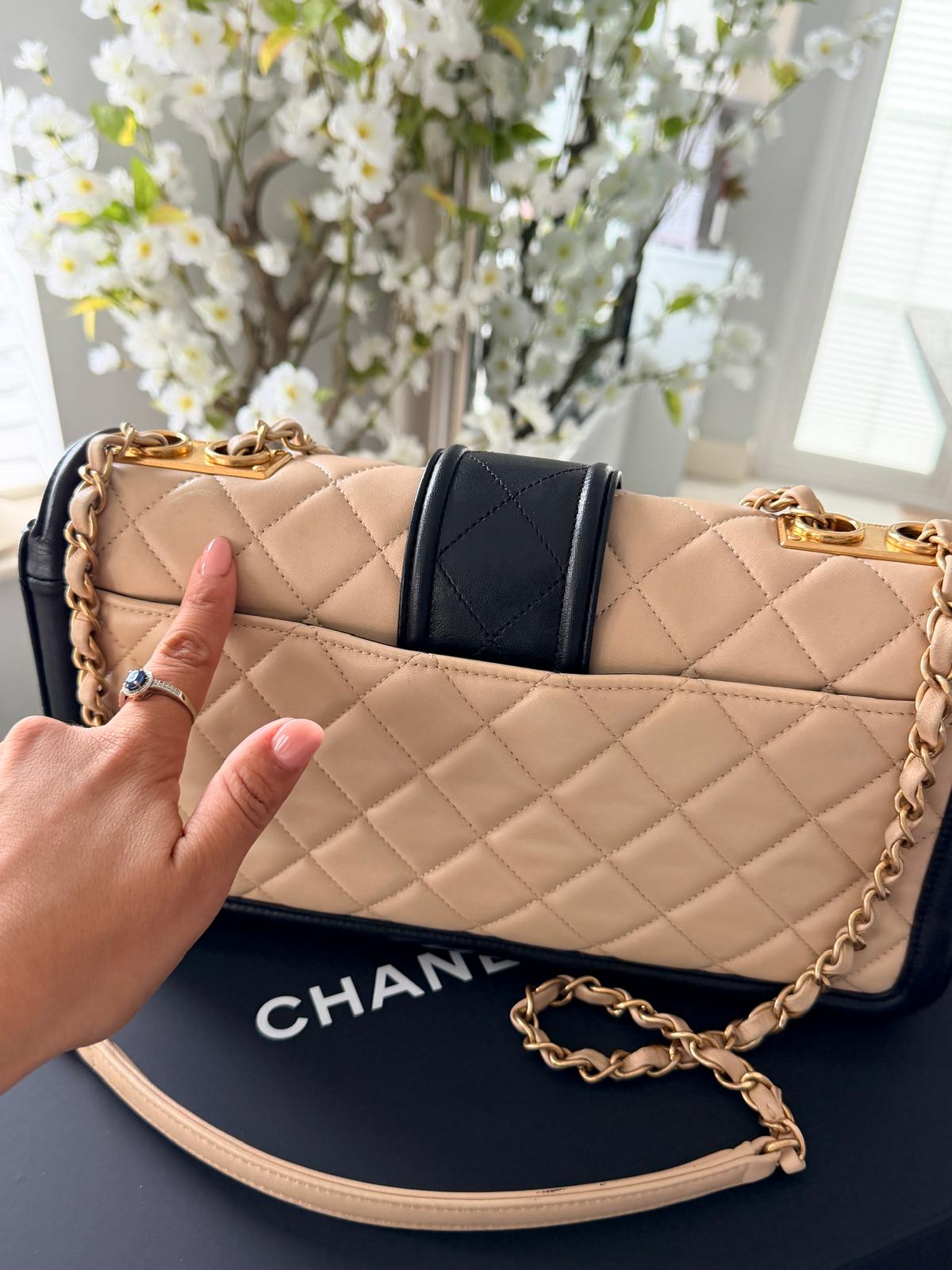 Chanel Bicolour Elegant Medium Bag Beige and Black Quilted Lambskin Gold Hardware