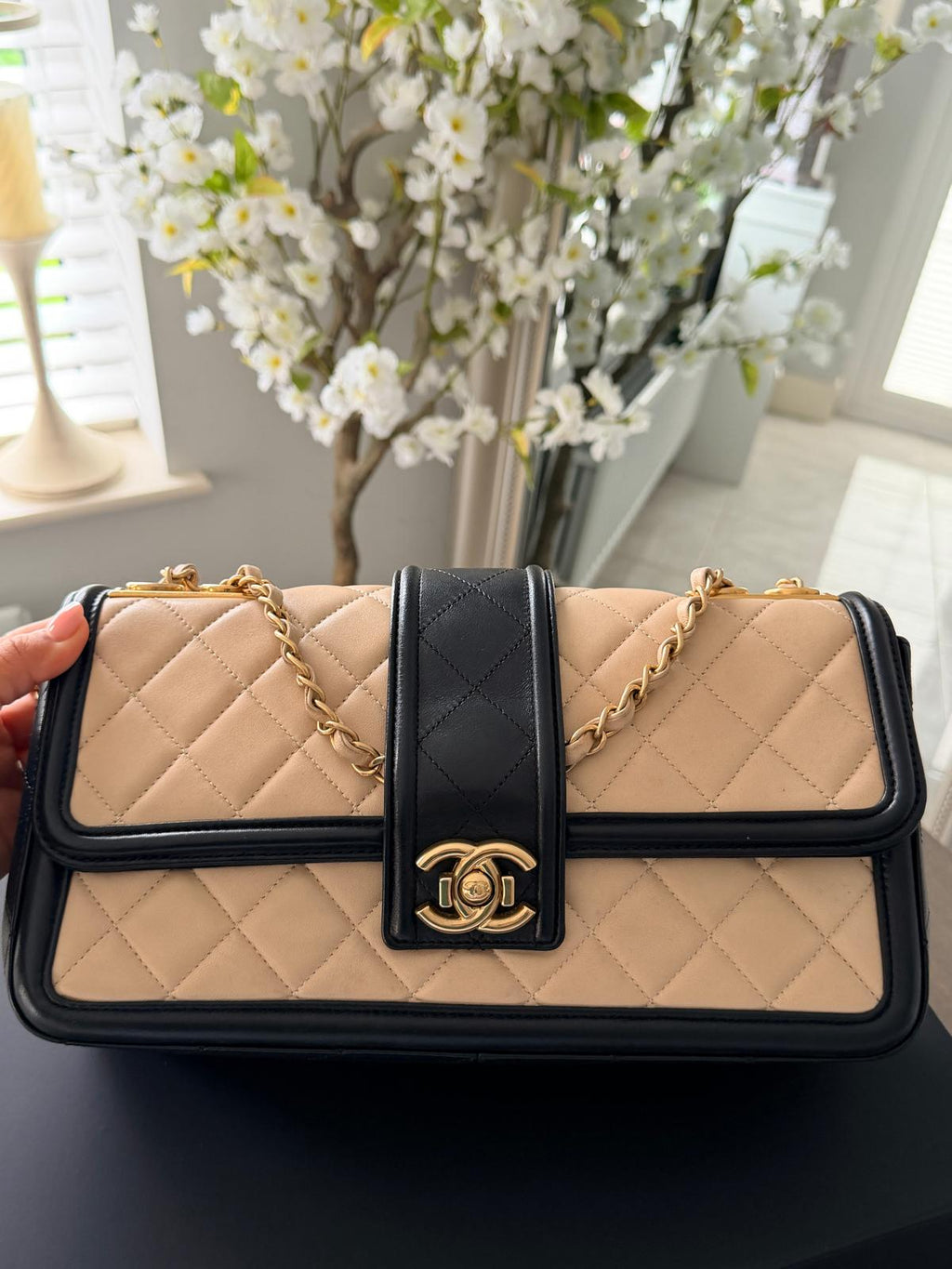 Chanel Bicolour Elegant Medium Bag Beige and Black Quilted Lambskin Gold Hardware