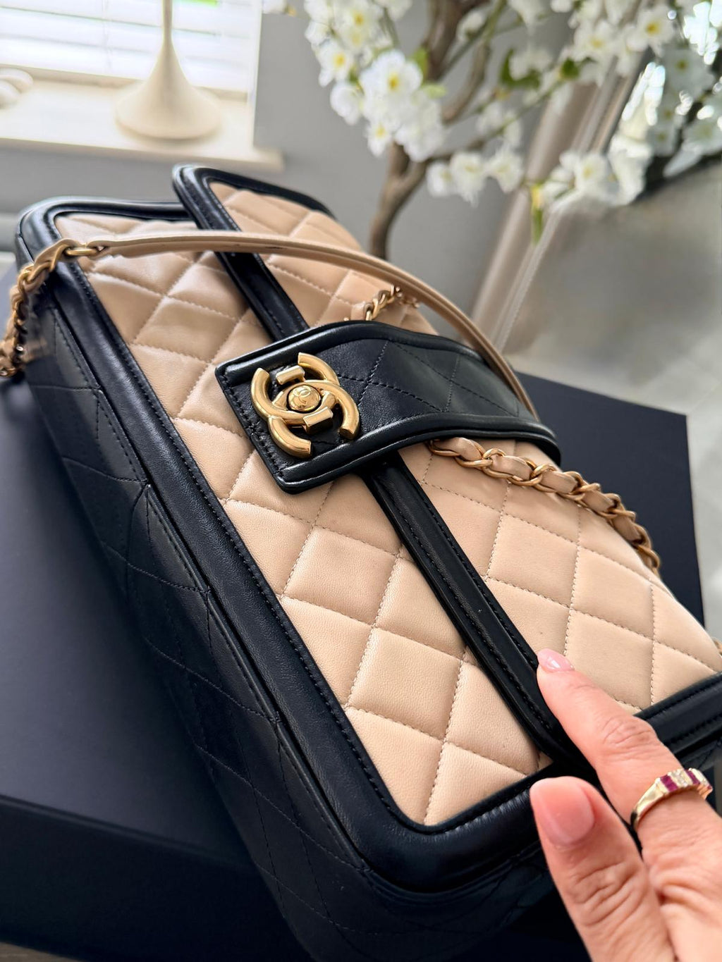 Chanel Bicolour Elegant Medium Bag Beige and Black Quilted Lambskin Gold Hardware