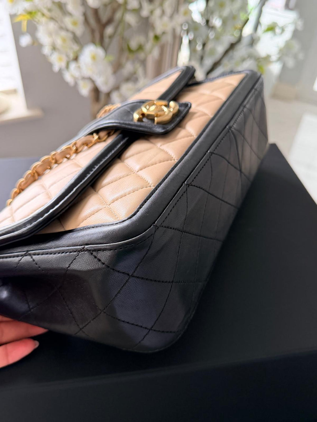Chanel Bicolour Elegant Medium Bag Beige and Black Quilted Lambskin Gold Hardware