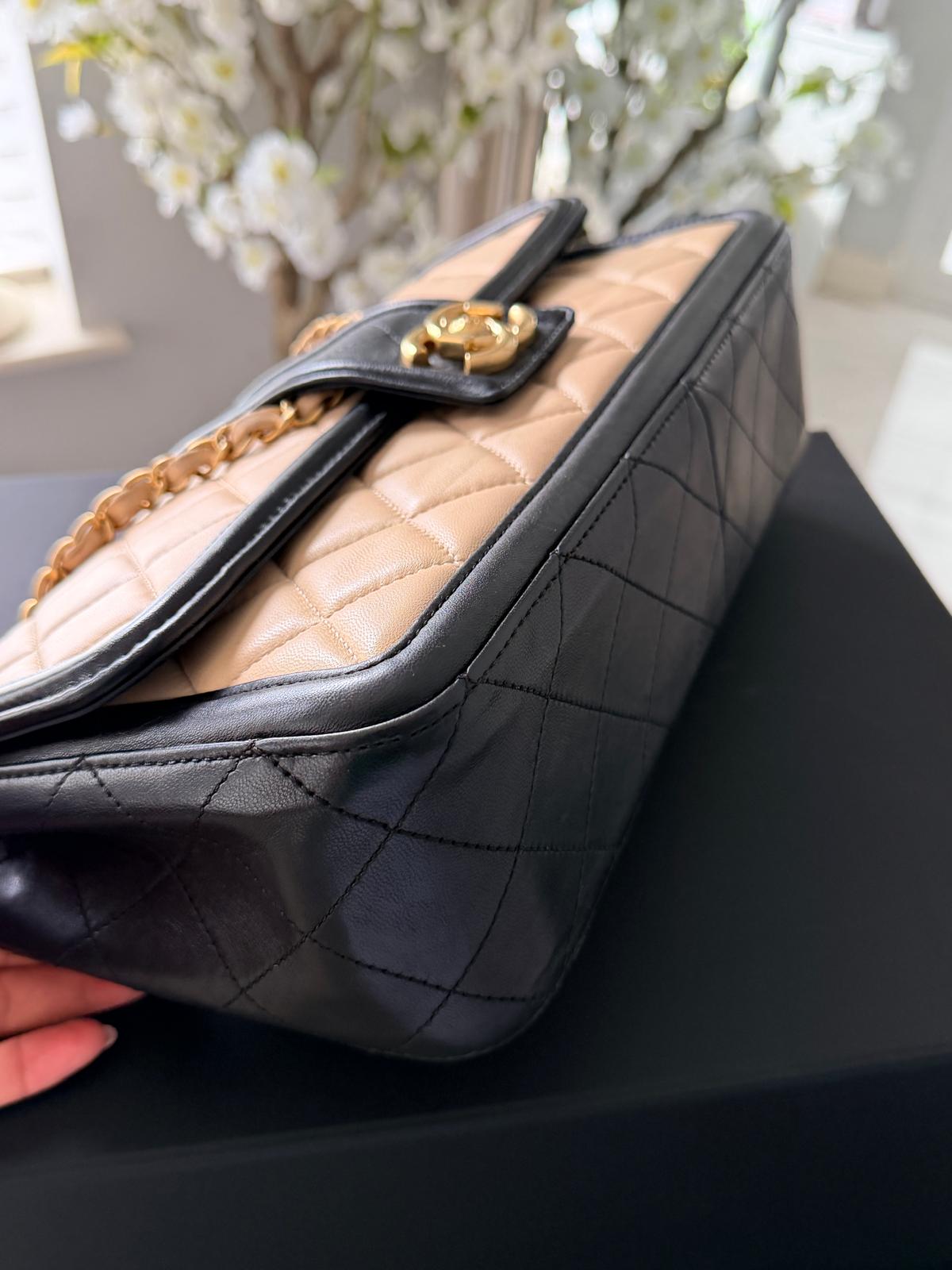 Chanel Bicolour Elegant Medium Bag Beige and Black Quilted Lambskin Gold Hardware