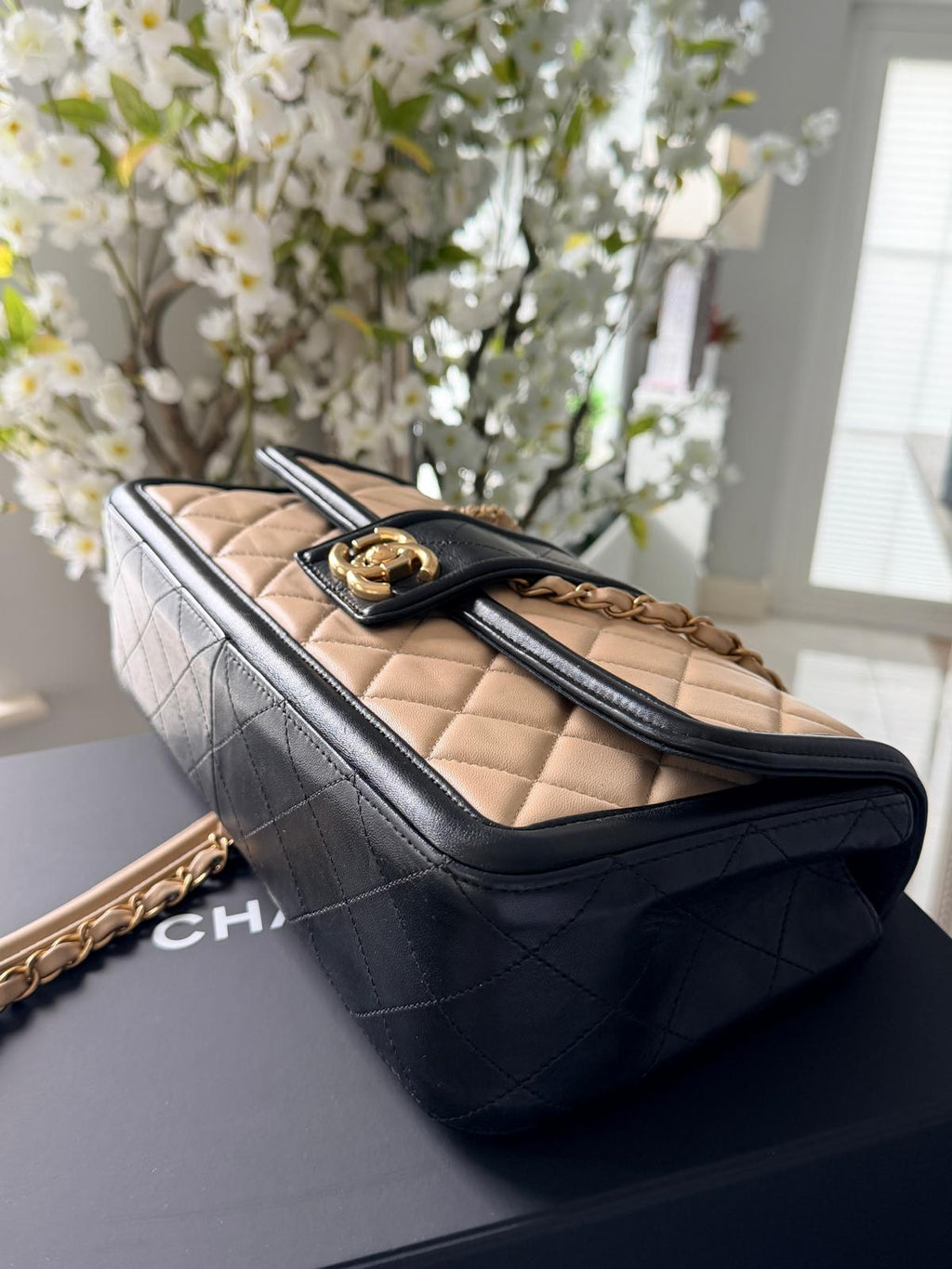 Chanel Bicolour Elegant Medium Bag Beige and Black Quilted Lambskin Gold Hardware