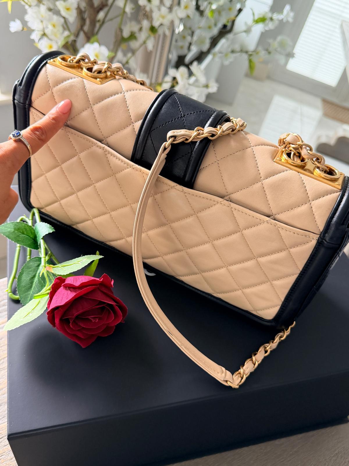 Chanel Bicolour Elegant Medium Bag Beige and Black Quilted Lambskin Gold Hardware