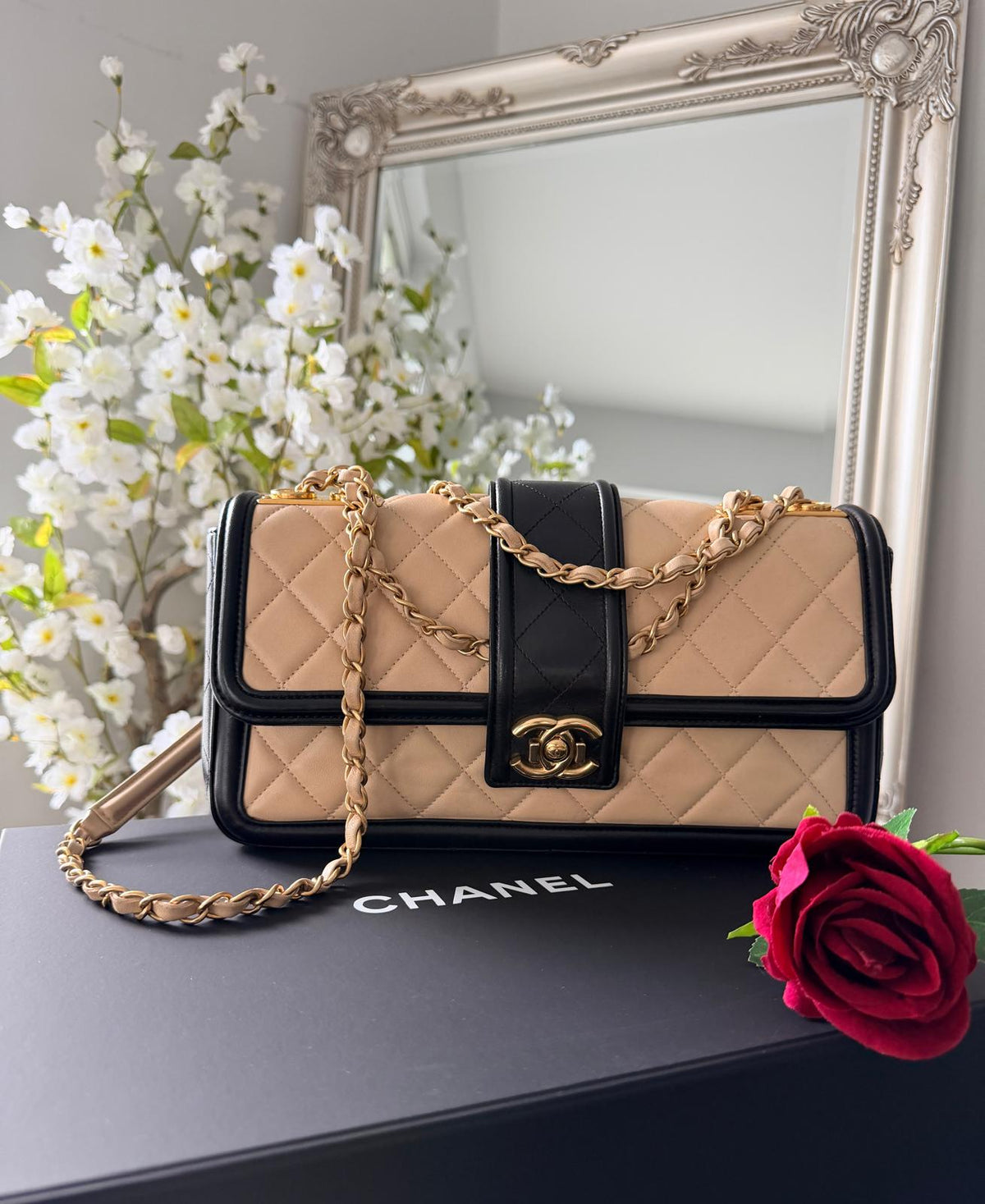Chanel Bicolour Elegant Medium Bag Beige and Black Quilted Lambskin Gold Hardware