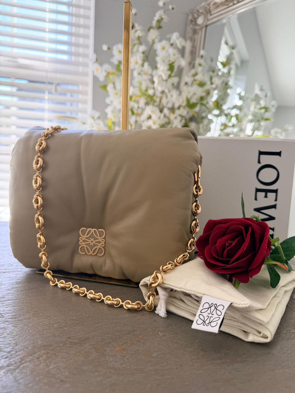 Loewe Goya Puffer Bag Clay Green Leather and Gold Hardware
