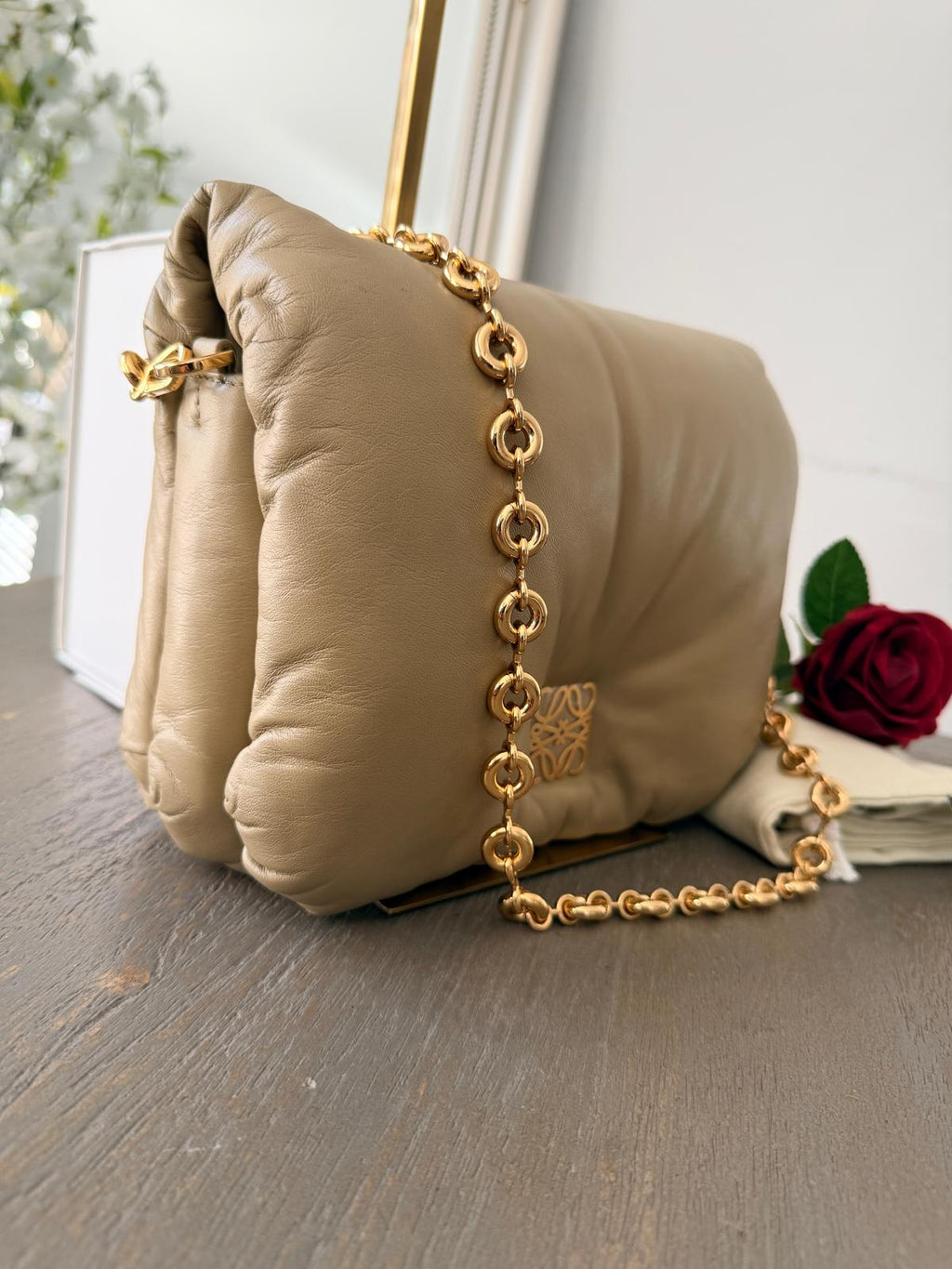 Loewe Goya Puffer Bag Clay Green Leather and Gold Hardware
