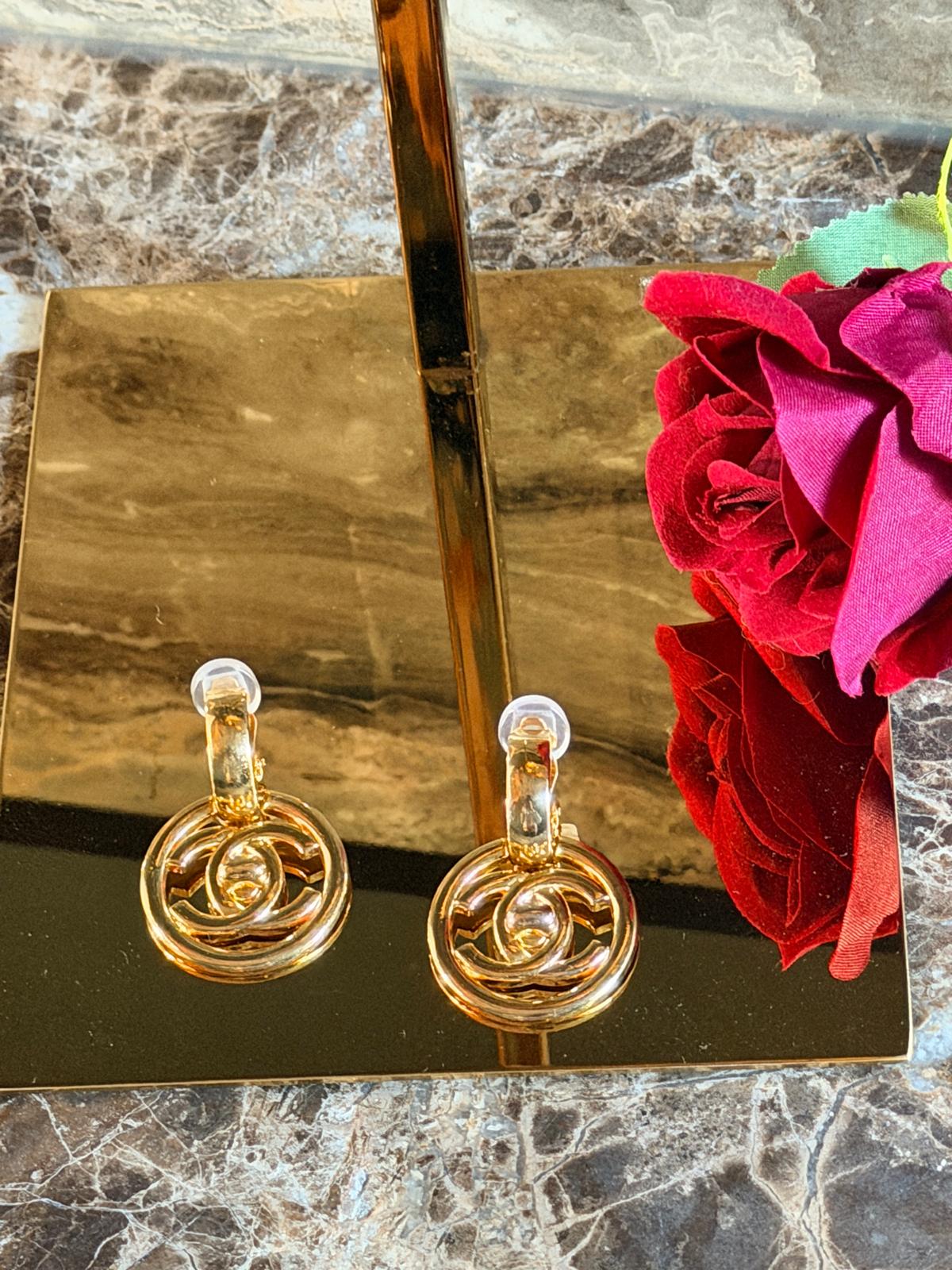 Chanel Vintage XL CC Circle Gold Drop Earrings