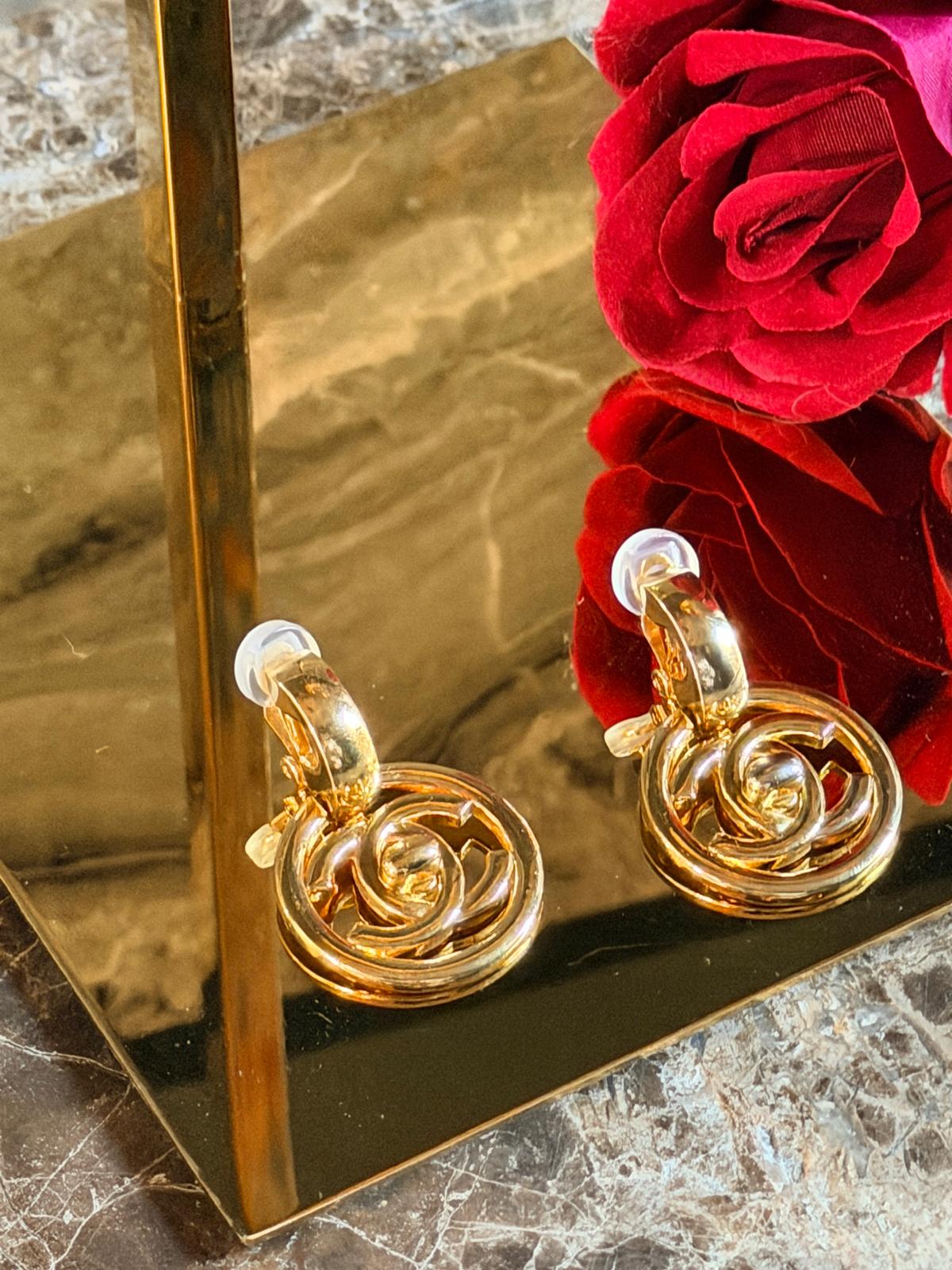 Chanel Vintage XL CC Circle Gold Drop Earrings