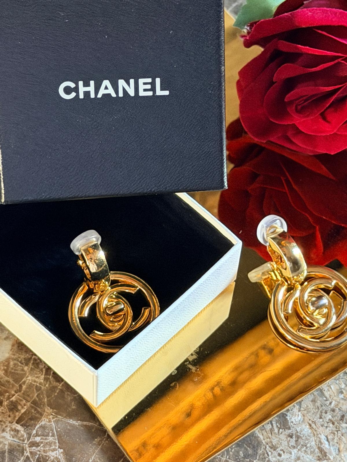 Chanel Vintage XL CC Circle Gold Drop Earrings