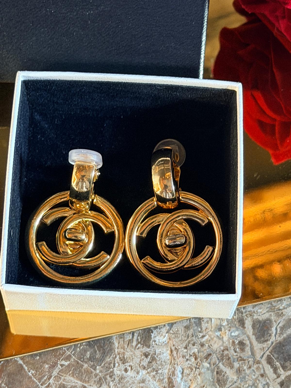 Chanel Vintage XL CC Circle Gold Drop Earrings