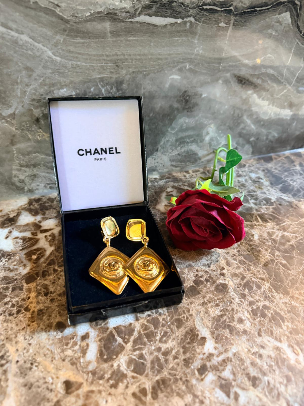 Chanel Vintage XL CC Rhombus Gold Drop Earrings