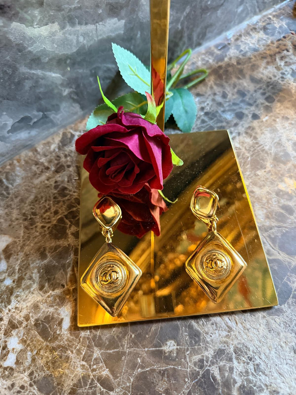 Chanel Vintage XL CC Rhombus Gold Drop Earrings