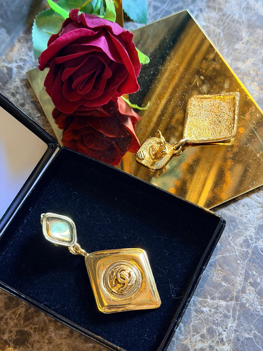 Chanel Vintage XL CC Rhombus Gold Drop Earrings