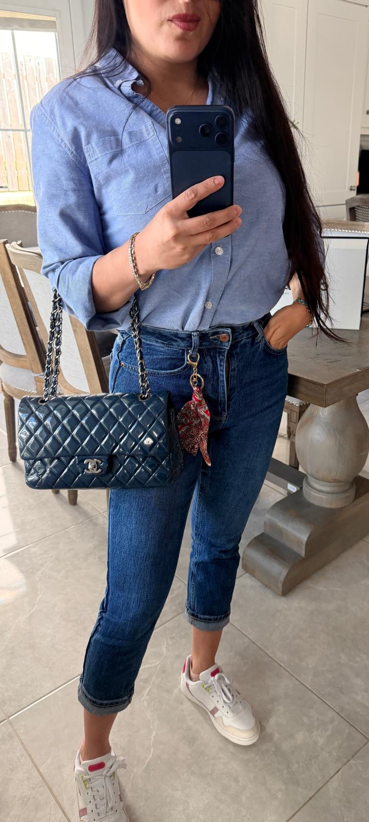 Chanel Timeless Classic Bag Double Flap Medium Navy Patent Leather Silver Hardware