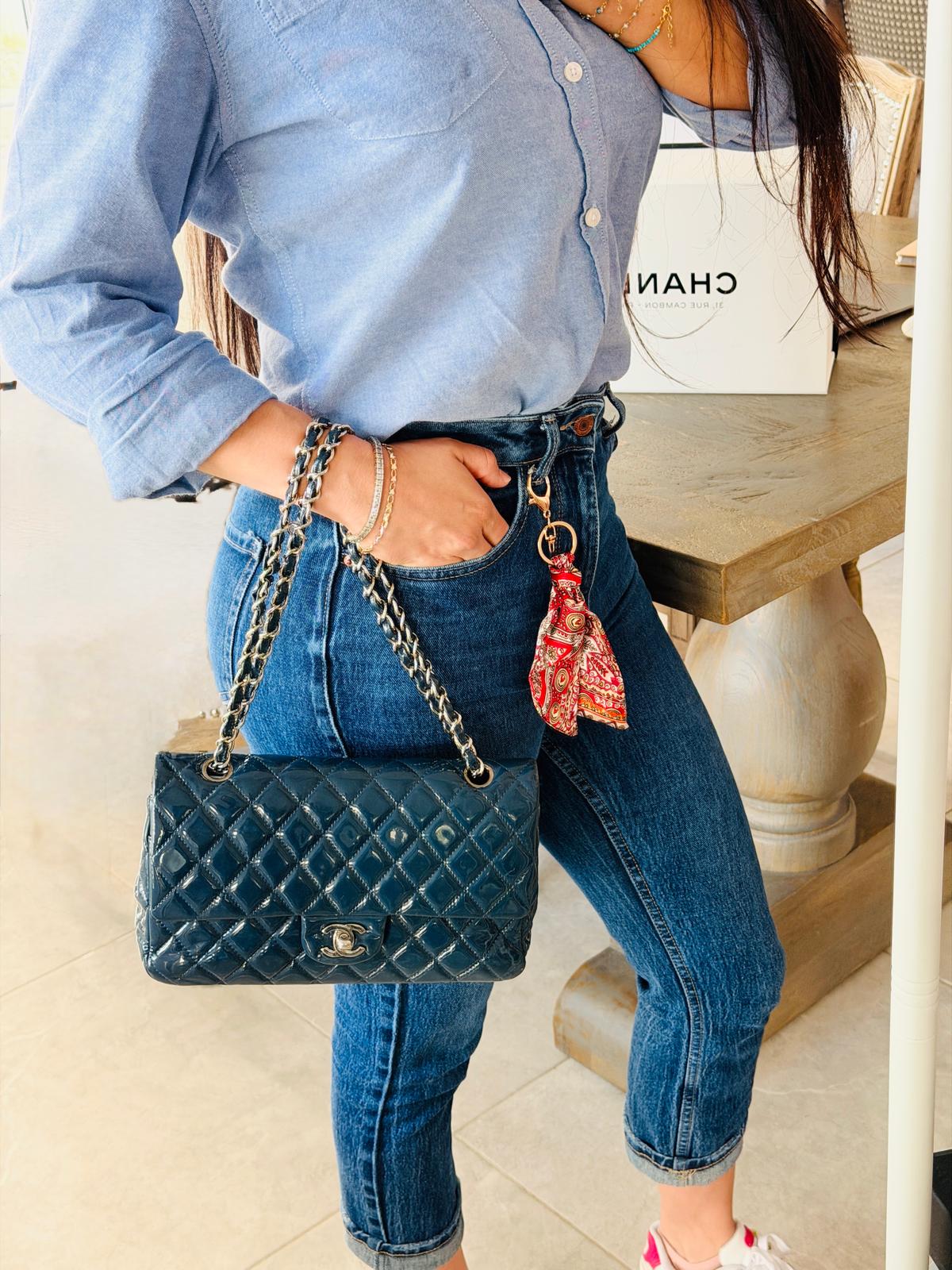 Chanel Timeless Classic Bag Double Flap Medium Navy Patent Leather Silver Hardware