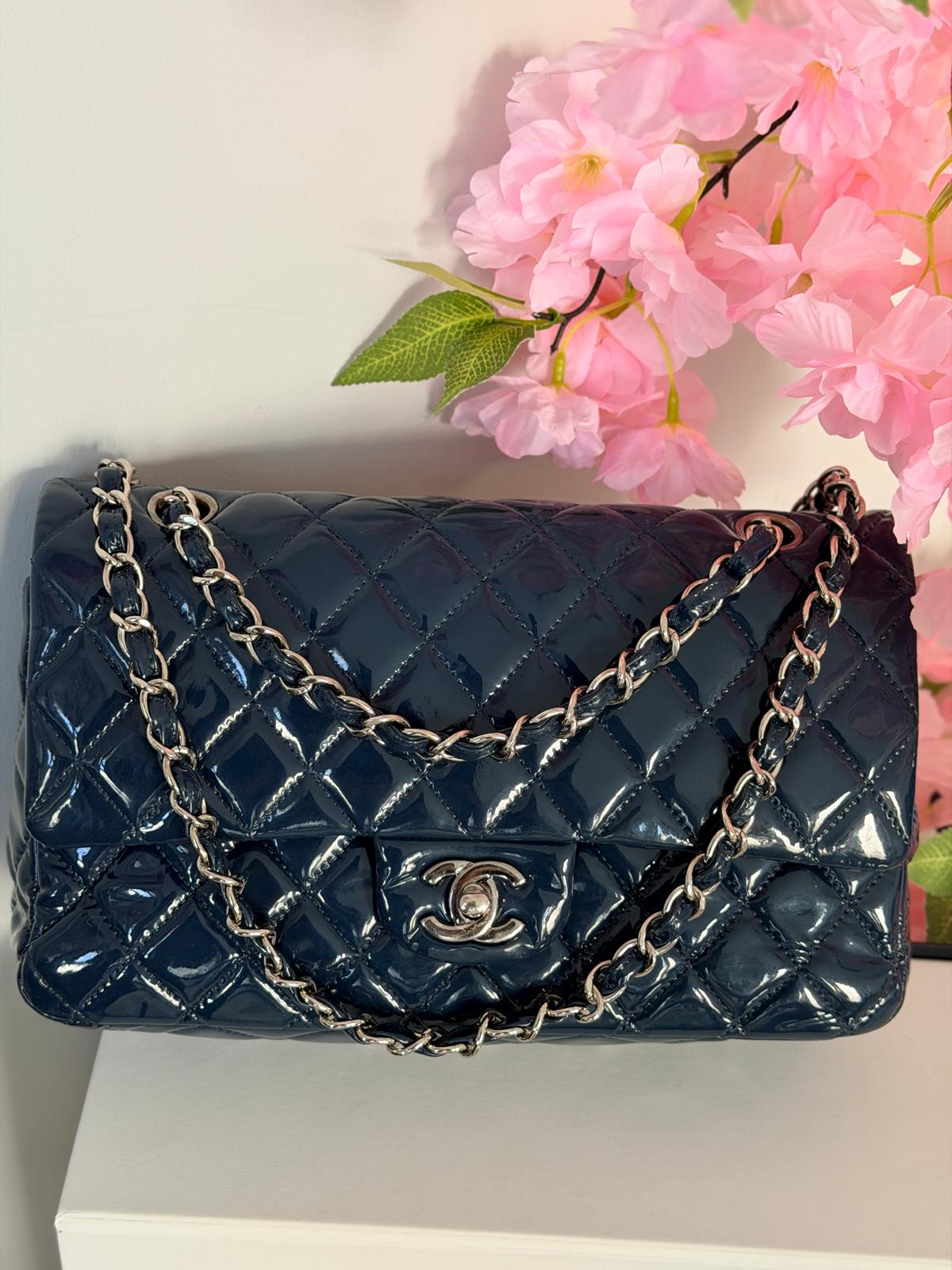 Chanel Timeless Classic Bag Double Flap Medium Navy Patent Leather Silver Hardware
