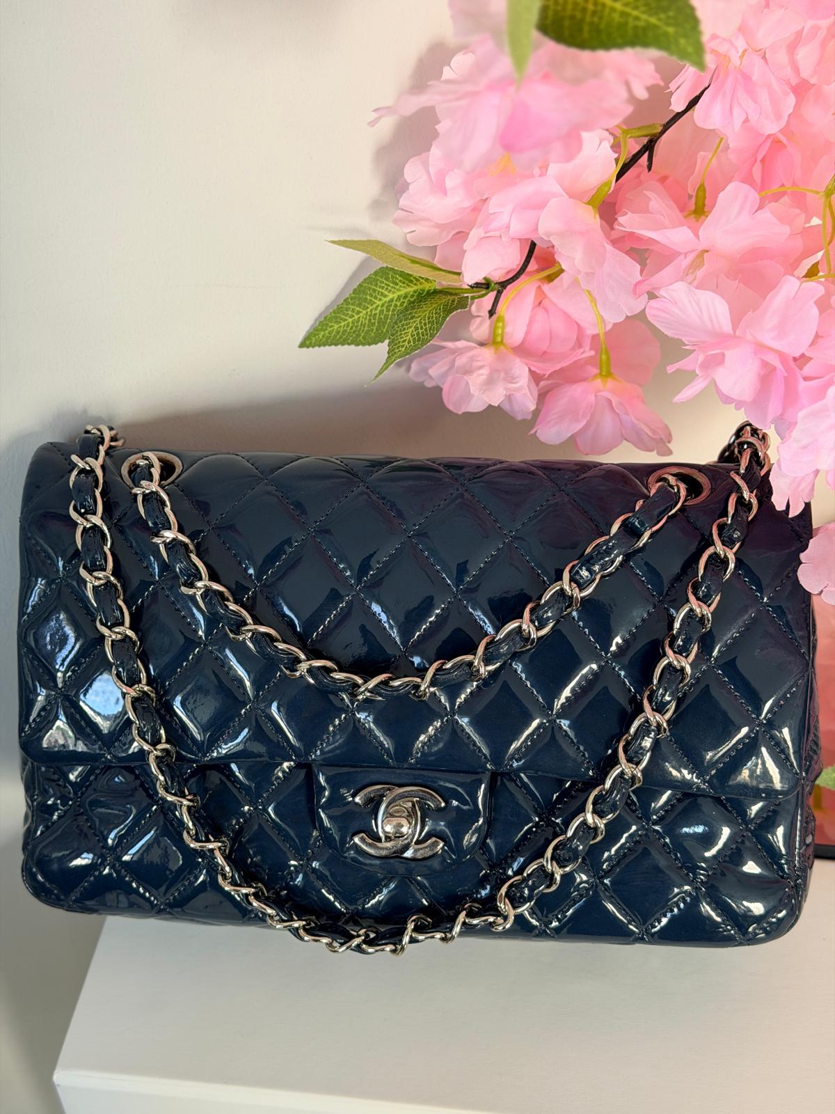 Chanel Timeless Classic Bag Double Flap Medium Navy Patent Leather Silver Hardware