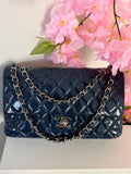 Chanel Timeless Classic Bag Double Flap Medium Navy Patent Leather Silver Hardware
