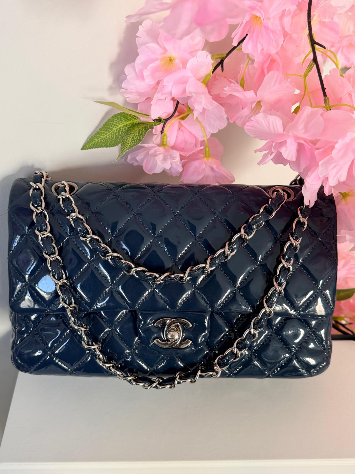 Chanel Timeless Classic Bag Double Flap Medium Navy Patent Leather Silver Hardware