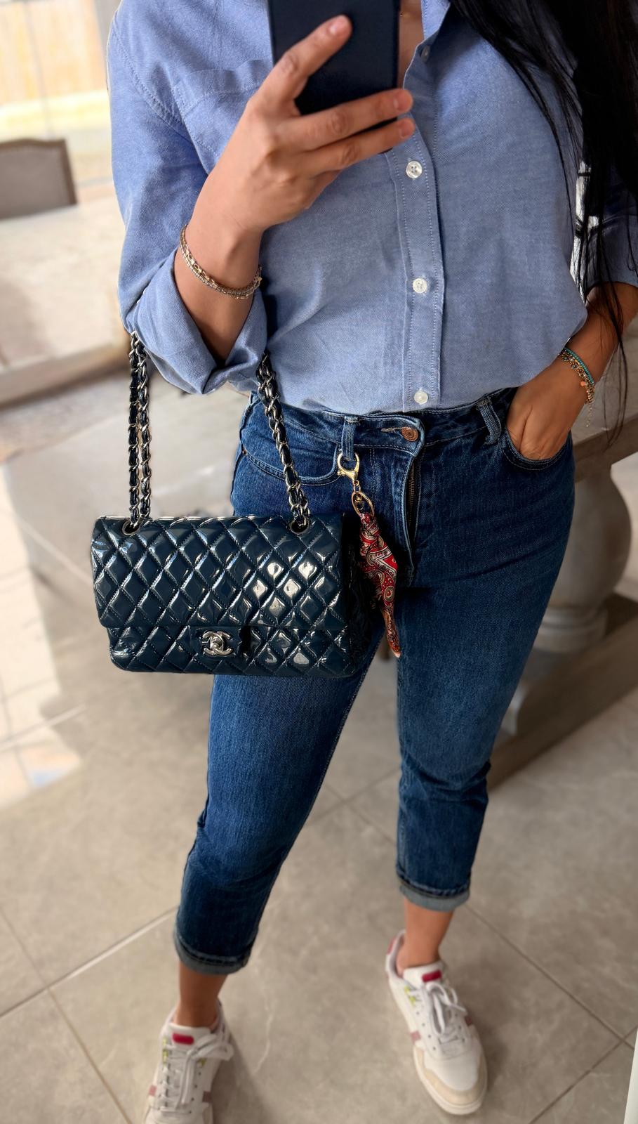 Chanel Timeless Classic Bag Double Flap Medium Navy Patent Leather Silver Hardware