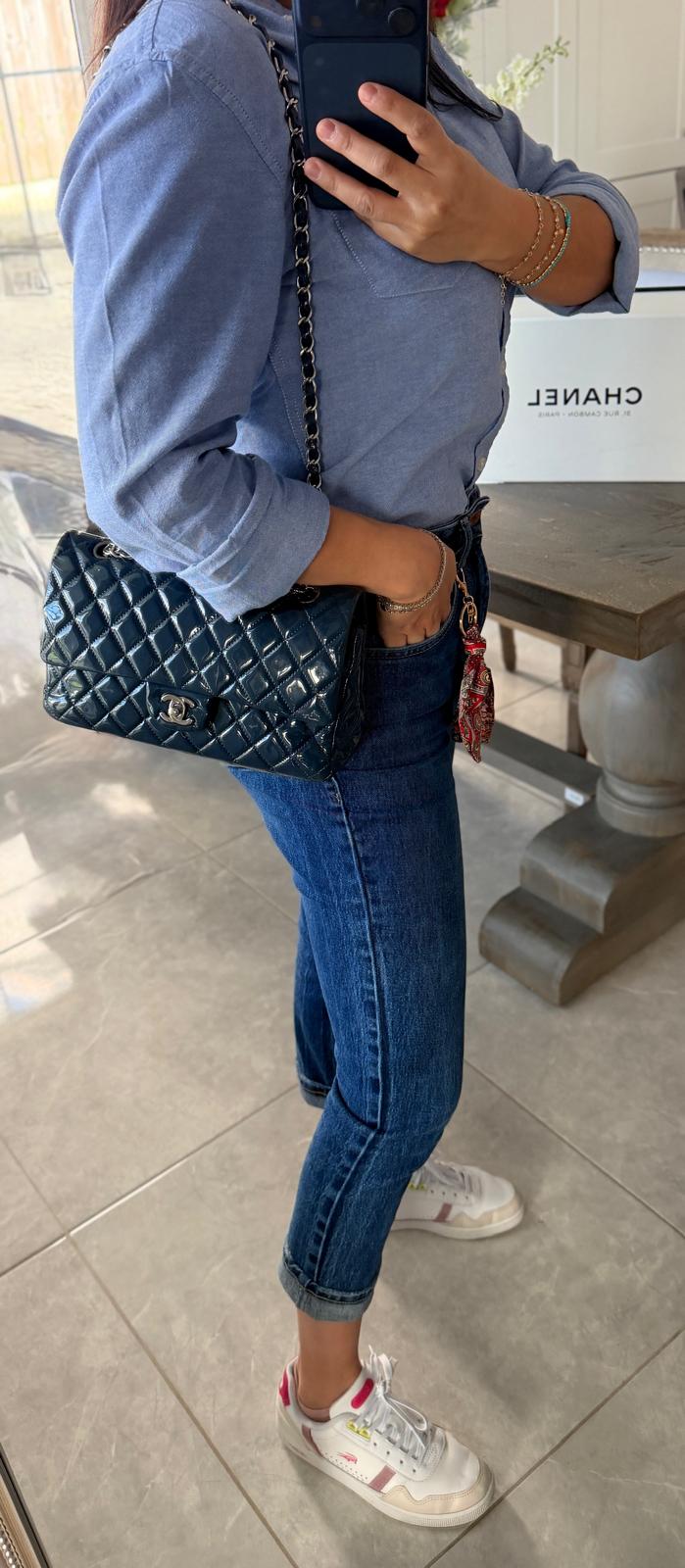 Chanel Timeless Classic Bag Double Flap Medium Navy Patent Leather Silver Hardware