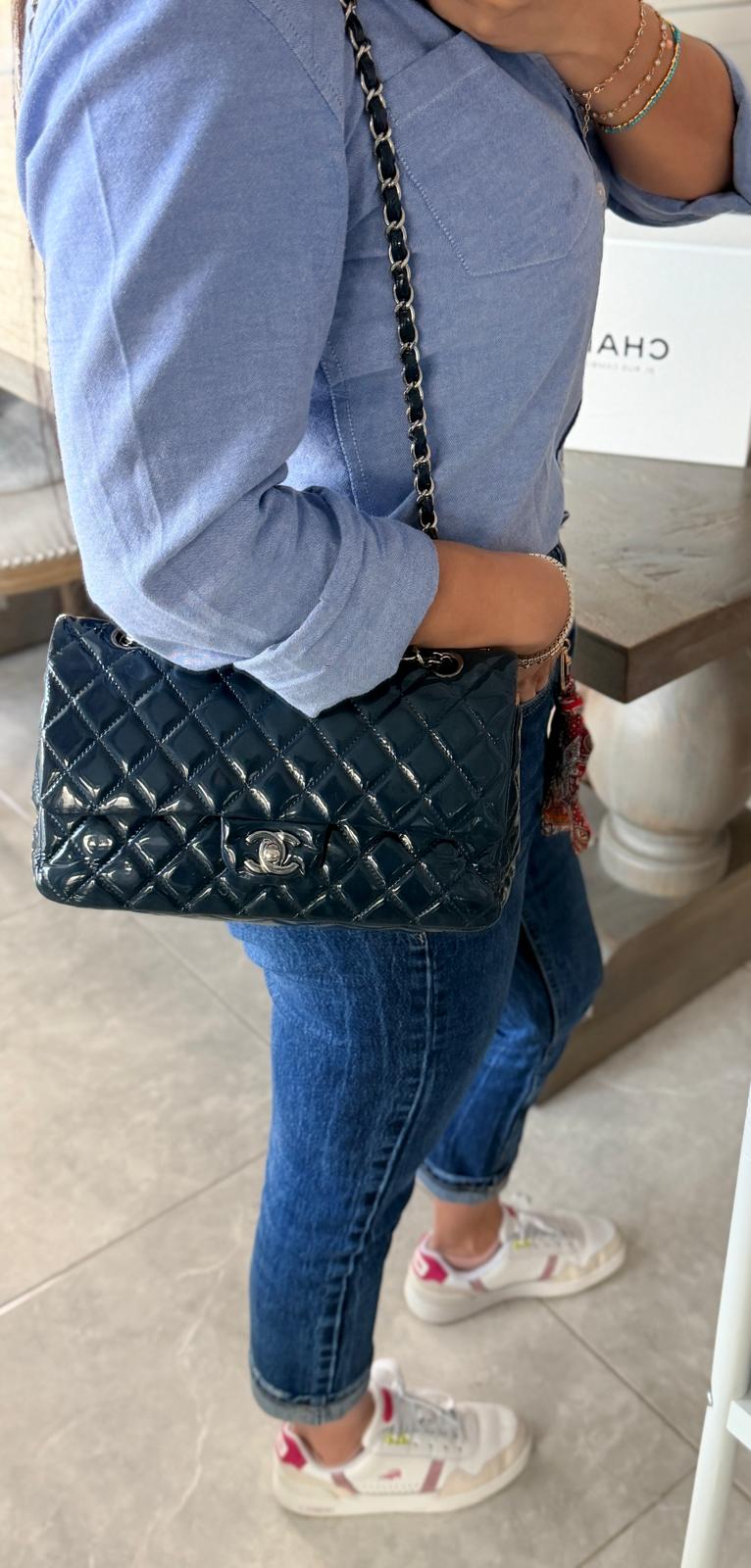 Chanel Timeless Classic Bag Double Flap Medium Navy Patent Leather Silver Hardware