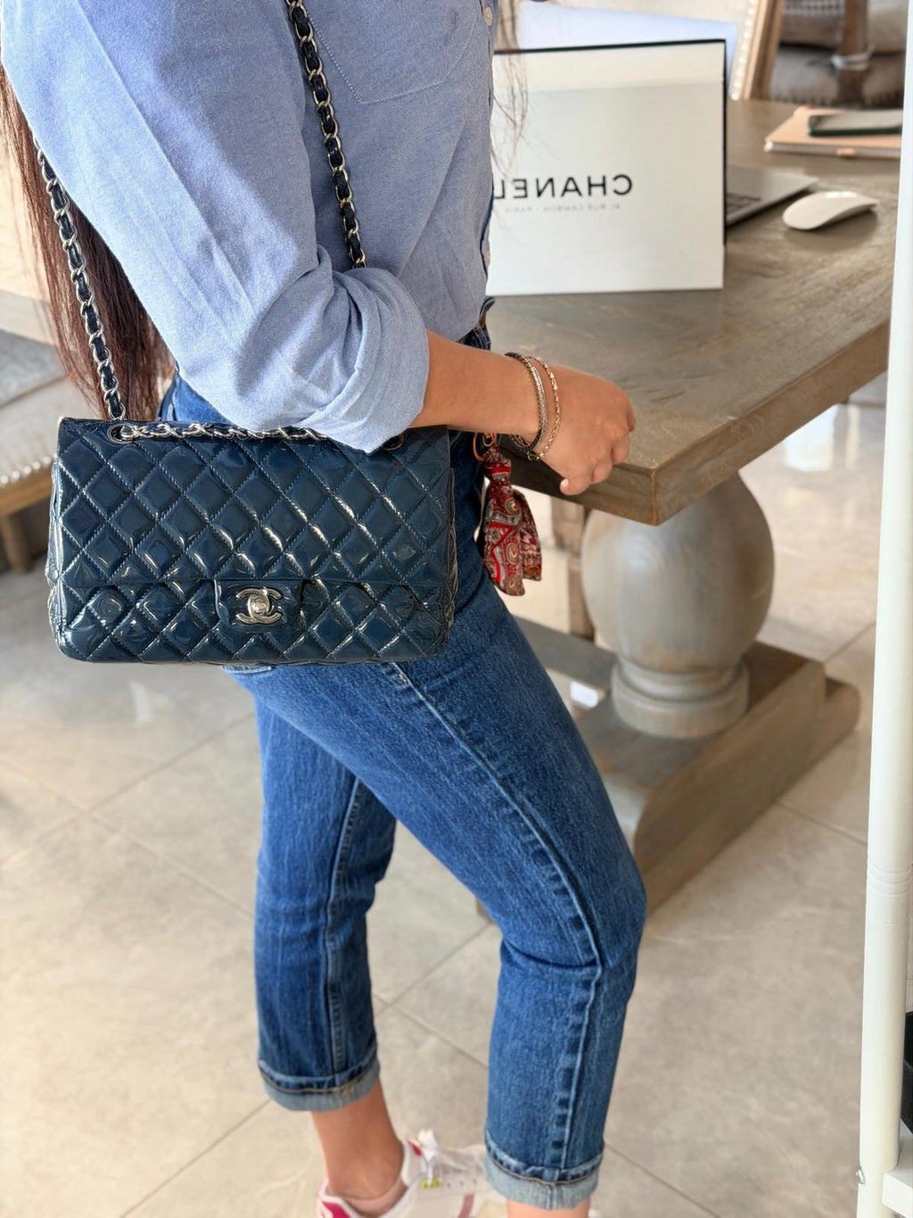 Chanel Timeless Classic Bag Double Flap Medium Navy Patent Leather Silver Hardware