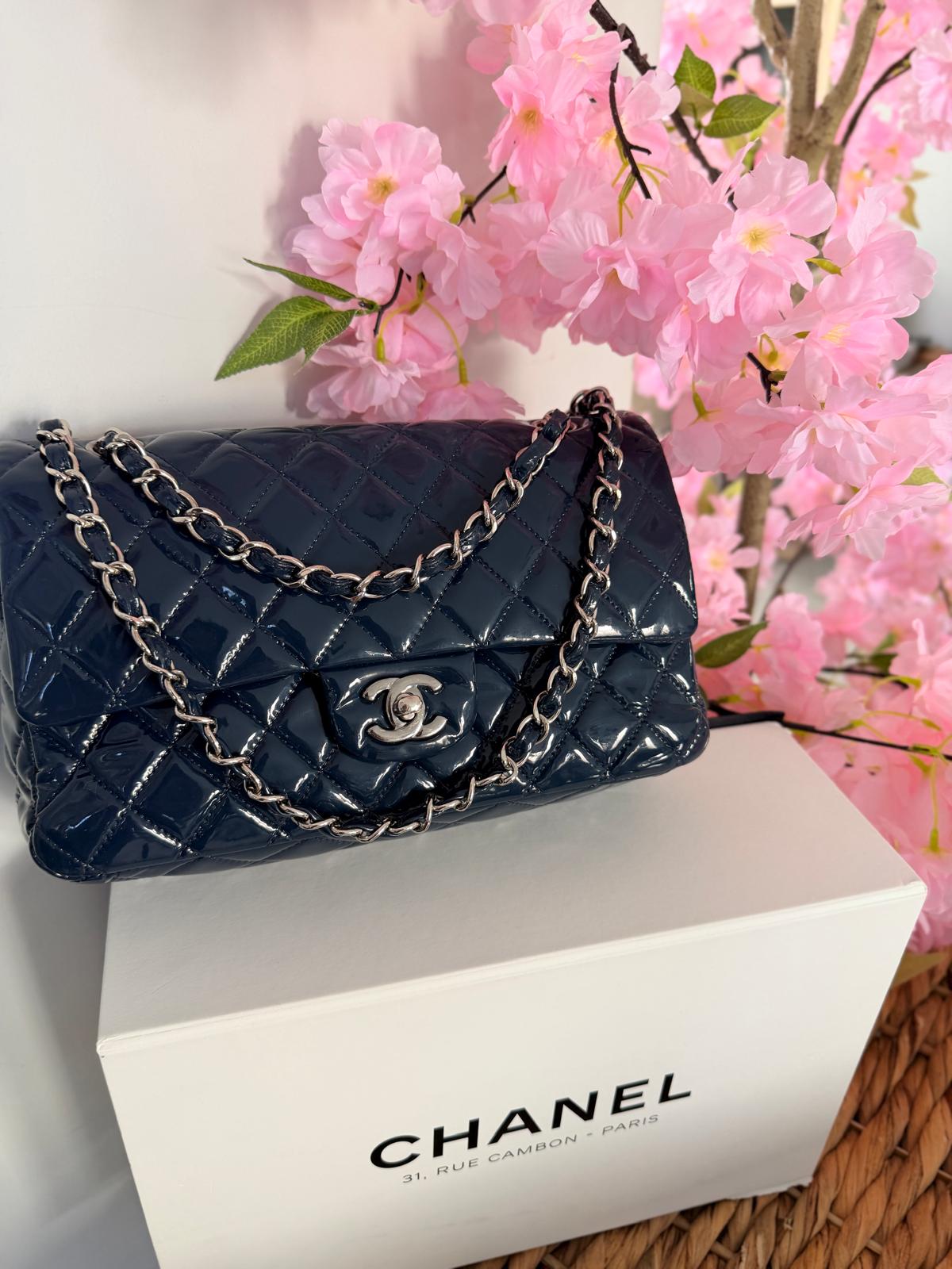 Chanel Timeless Classic Bag Double Flap Medium Navy Patent Leather Silver Hardware
