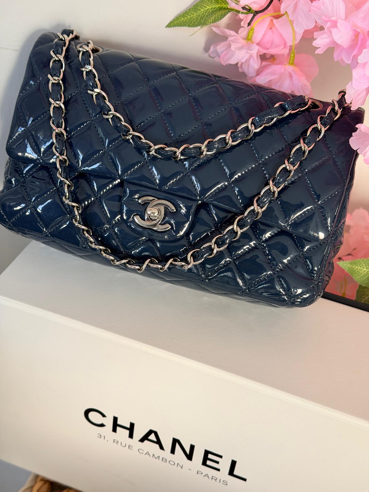 Chanel Timeless Classic Bag Double Flap Medium Navy Patent Leather Silver Hardware