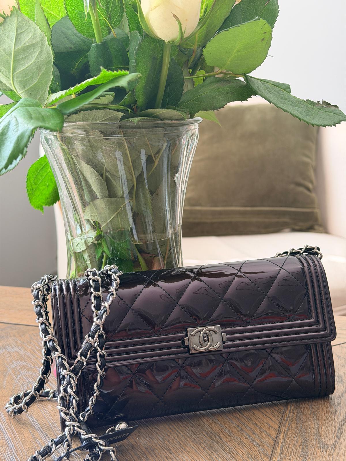 Chanel Boy Wallet Burgundy Patent Leather Silver Hardware – Maison JC