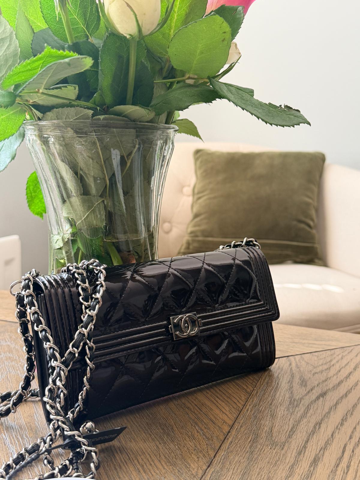 Chanel Boy Wallet Burgundy Patent Leather Silver Hardware