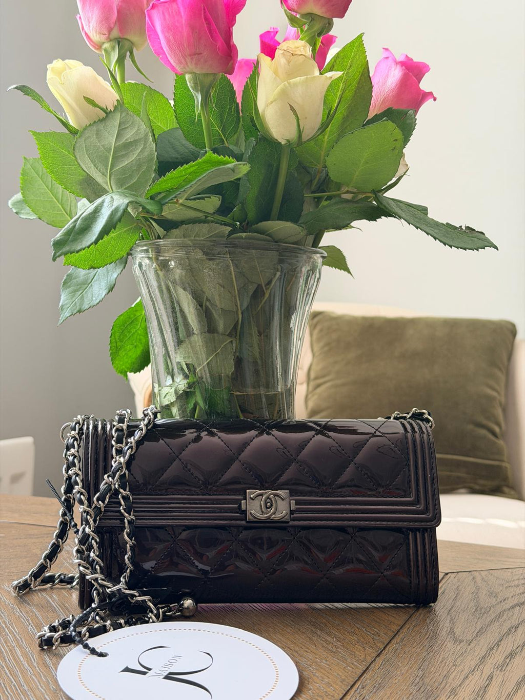 Chanel Boy Wallet Burgundy Patent Leather Silver Hardware