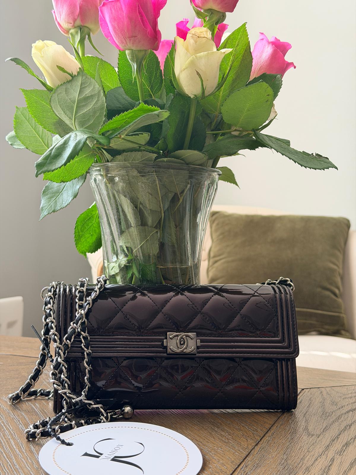 Chanel Boy Wallet Burgundy Patent Leather Silver Hardware