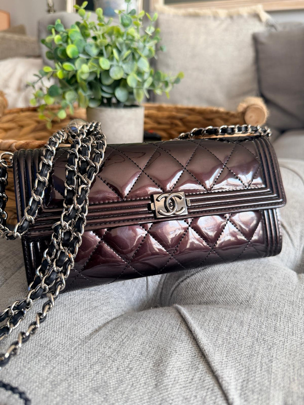 Chanel Boy Wallet Burgundy Patent Leather Silver Hardware